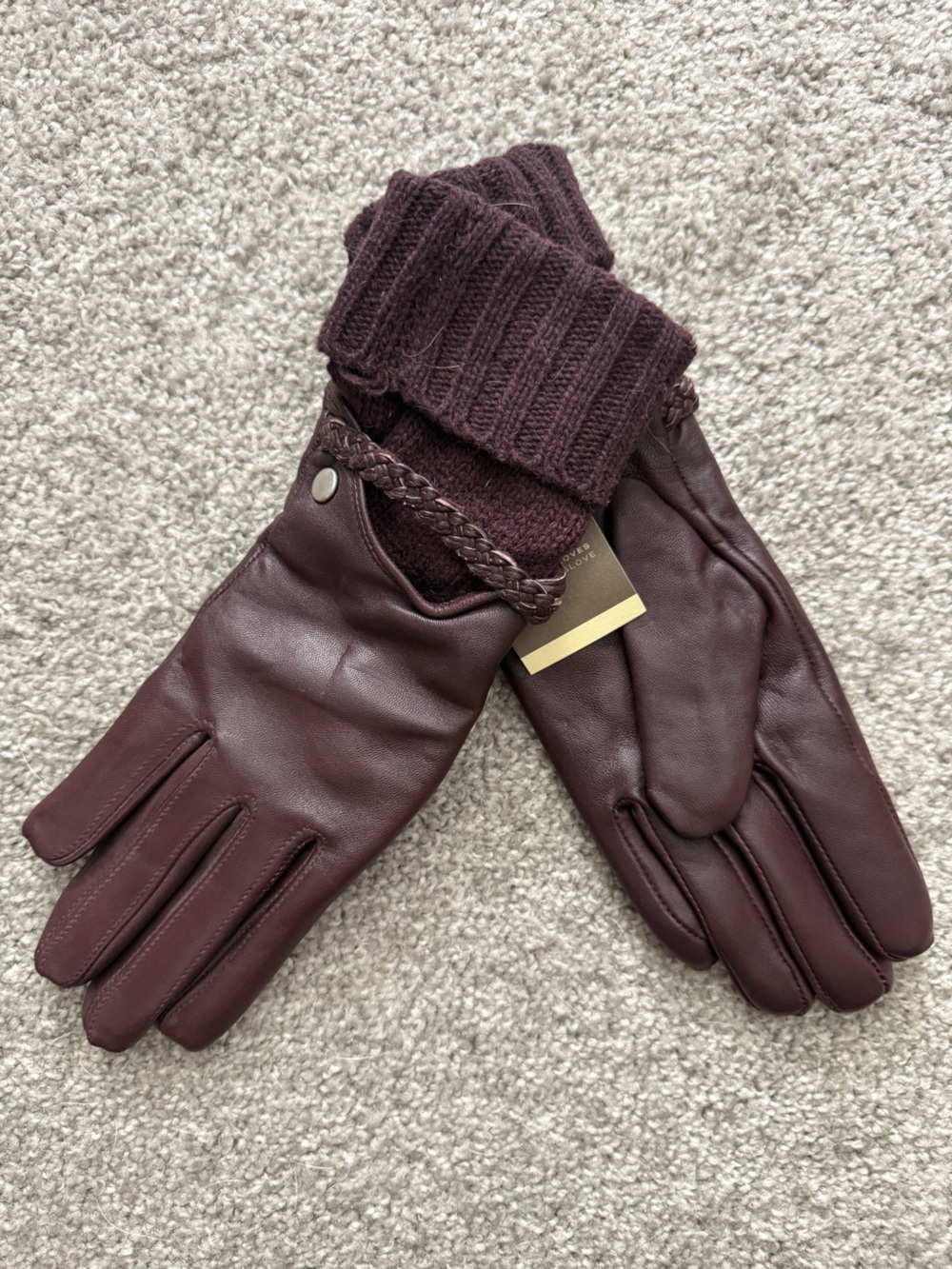 Women'sBrown Leather Knit-Trim Gloves